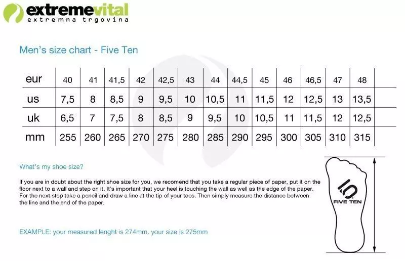 Five Ten Climbing Shoes Size Chart