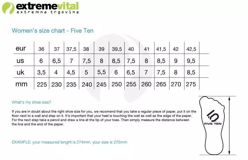 Five Ten Size Chart