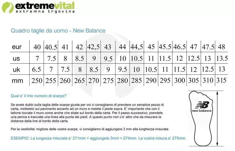 tabella misure new balance