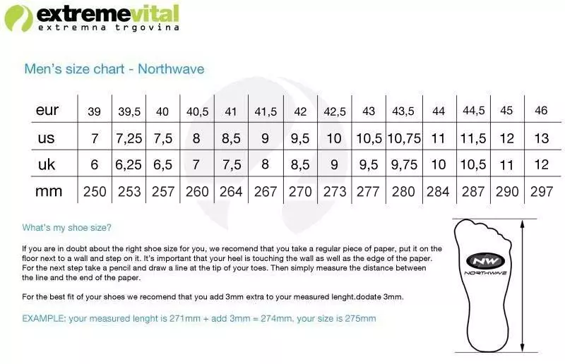 Northwave Shoe Size Chart