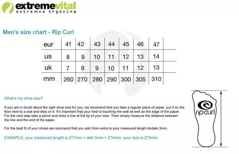 Rip Curl Size Chart